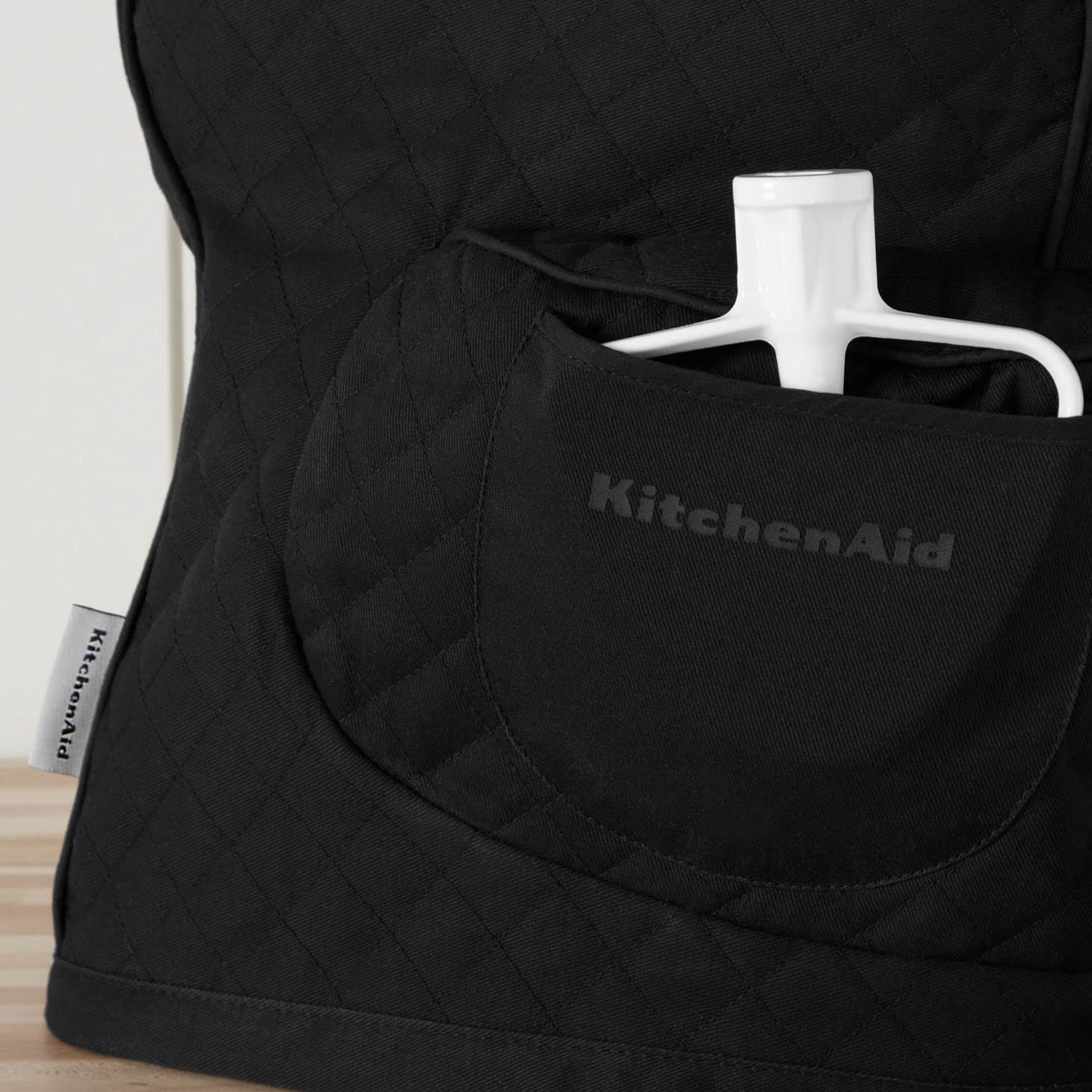 KitchenAid Fitted Tilt-Head Solid Stand Mixer Cover with Storage Pocket, Quilted 100% Cotton, Matte Black, 14.4