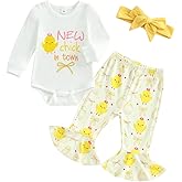 Dewadbow Newborn Baby Girl Easter Outfit New Chick In Town Ribbed Romper Chicks Bow Flare Pants Headband Clothes Set