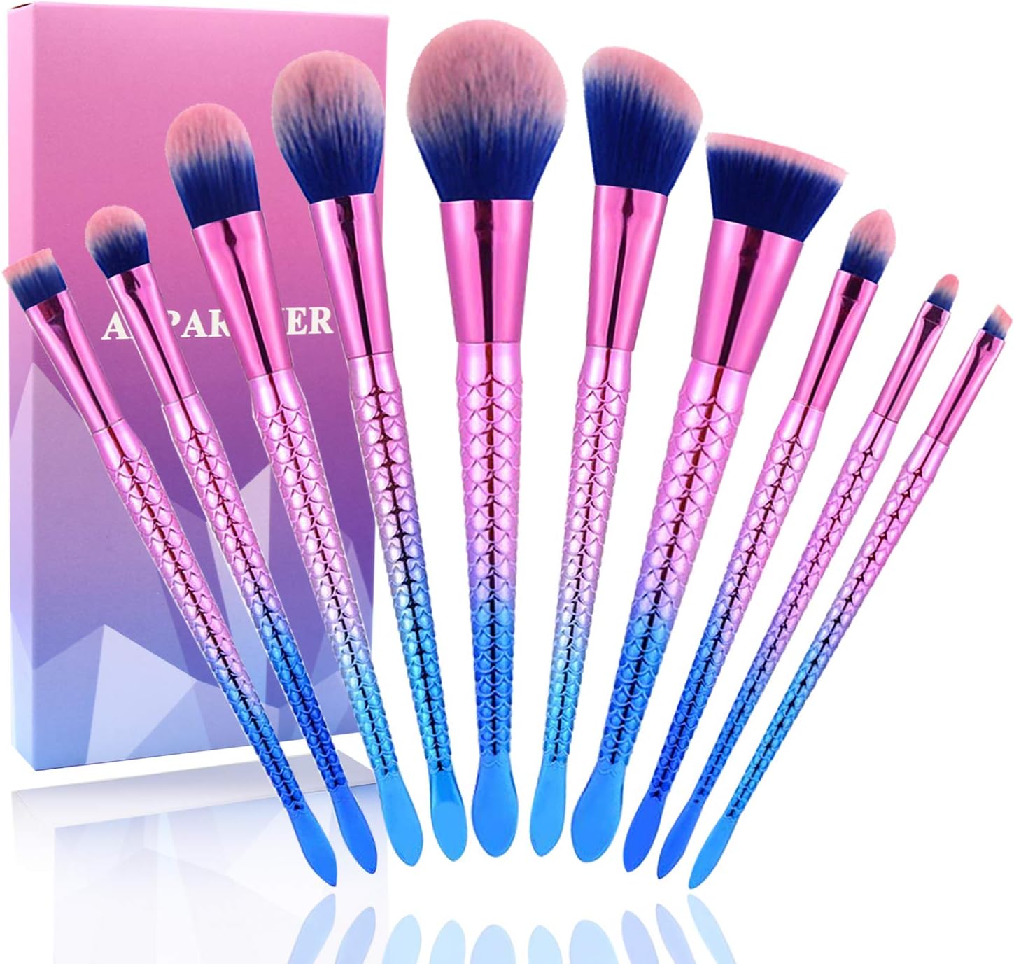 Adpartner Mermaid Makeup Brush Set, 10 PCS Makeup Brushes with Case Stylish Gradient Color Makeup Foundation Concealer Eye Shadow Brush, Soft Bristles 3D Fish Scale Handle Make Up Kit