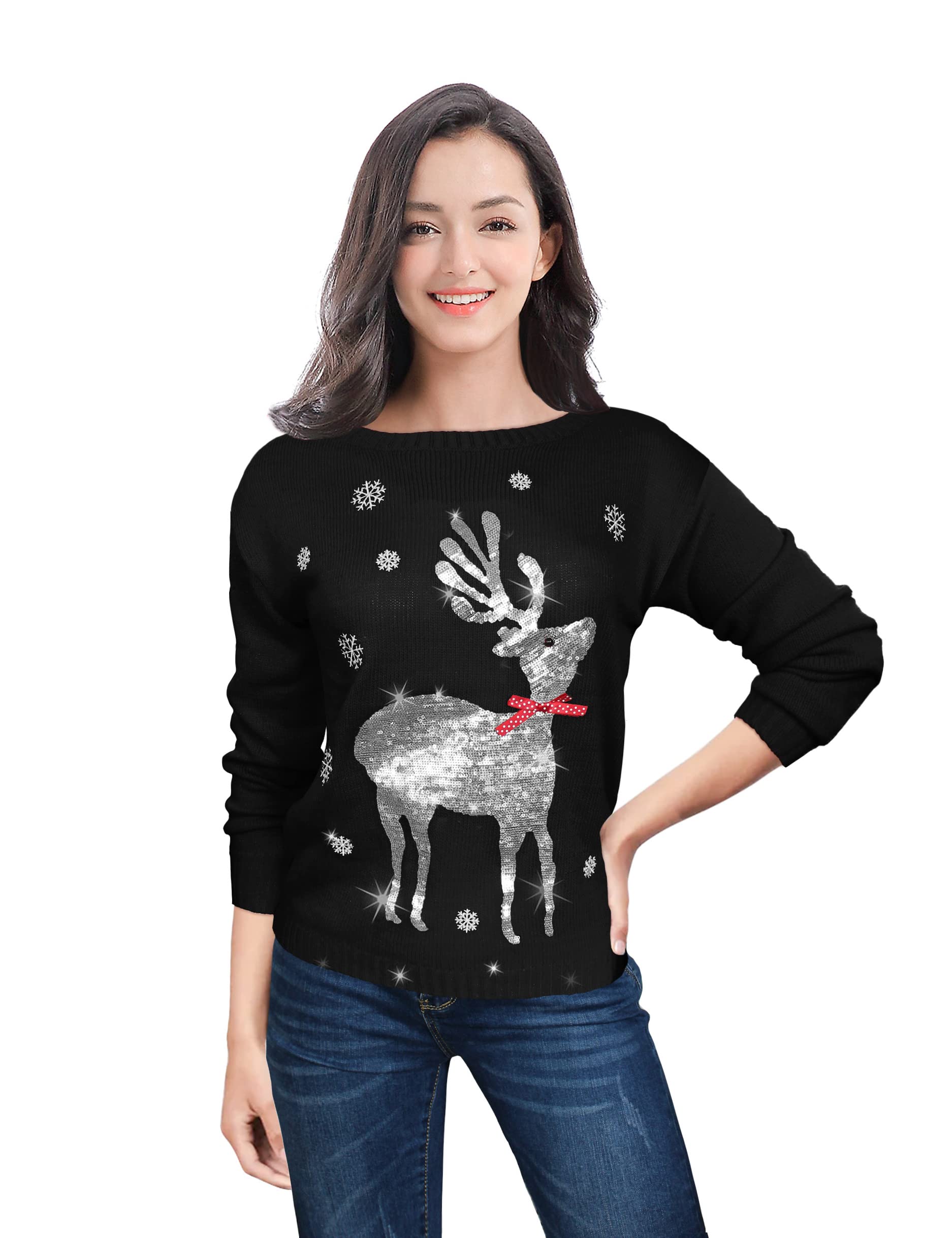 Photo 1 of v28 Ugly Christmas Sweater for Women Reindeer Funny Merry Xmas Knit Sweaters(Small, Black (Silvery Deer))