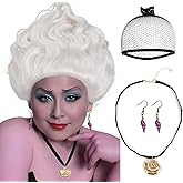 IMEYLE 4 Pcs Set White Sea Witch Wig with Conch Necklace Earrings Grey White Wig Anime Cosplay Wigs for Women Short Wavy Spiky Wigs for Halloween Costume Party+Hair Cap