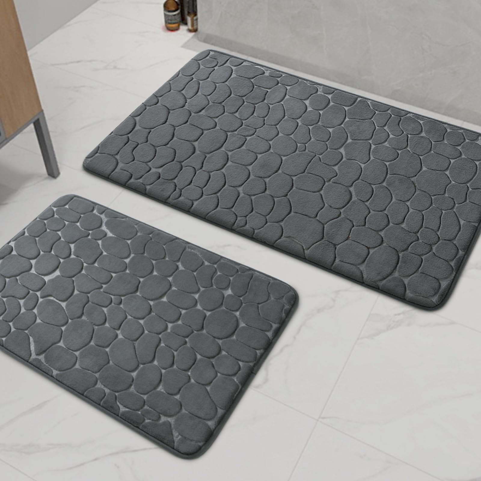 chakme Bathroom Rugs Sets 2 Pieces, Cobblestone Memory Foam Bathroom Mats Set Thick, Non-Slip Bath Mats for Bathroom, Absorbent, Washable, Dark Grey Bath Rugs for Tub, Toilet and Floor
