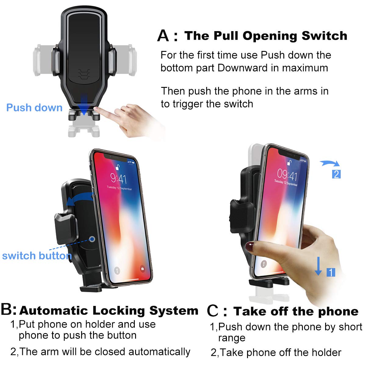 Car Phone Mount, Air Vent Cell Phone Holder for Car Universal Gravity Automatic Clip Locking Car Phone Holder Cradle Compatible with iPhone Xs MAX/XR/X/8/8Plus/7/7Plus/6s, Galaxy S10/S9/S8 LG Pixel