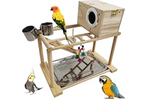 kathson Parakeet Playground Bird Playstand Birdcage Play Stand Wood Perch Gym Playpen with Parakeet Nest Box Ladder Feeder Cups Chewing Toys Exercise Activity Center for Conure Cockatiel Lovebirds