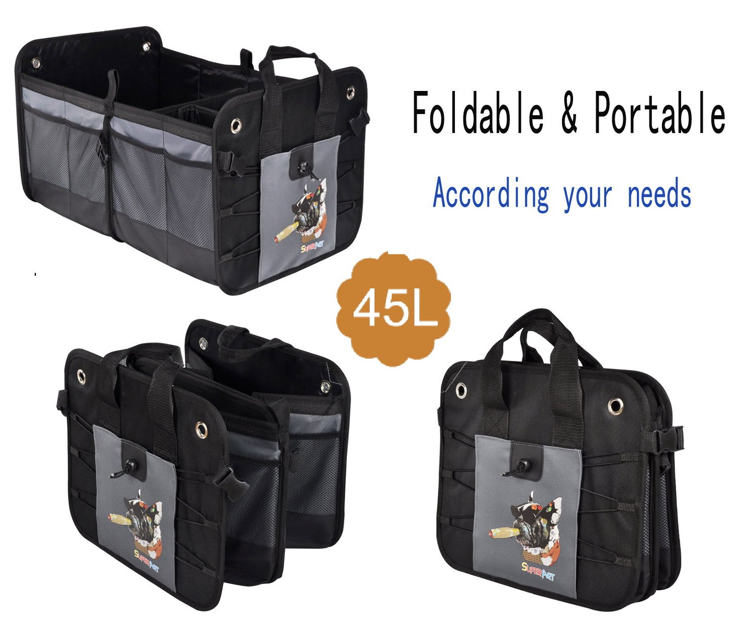 Car Trunk Organizer Heavy Duty Collapsible / Foldable Shopping Tidy Cargo Storage Boxes BAG BIN For Auto Car, SUV, Truck, Home (59 x 37 x 32cm)