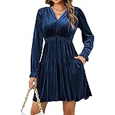 Umimore Women's Fall Velvet V-Neck Long Sleeve Mini Dresses 2025 Solid Casual Tiered A-Line Pockets Stretch Swing Dress