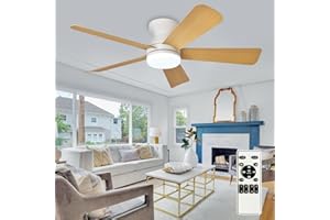 Depuley Modern Ceiling Fan with Light: 42-Inch White Small Fans for Bedroom Indoor Outdoor - Dimmable Low Profile Ceiling Fans with Remote Control Flush Mount 5 Reversible Wood Blades 6 Speeds Timer