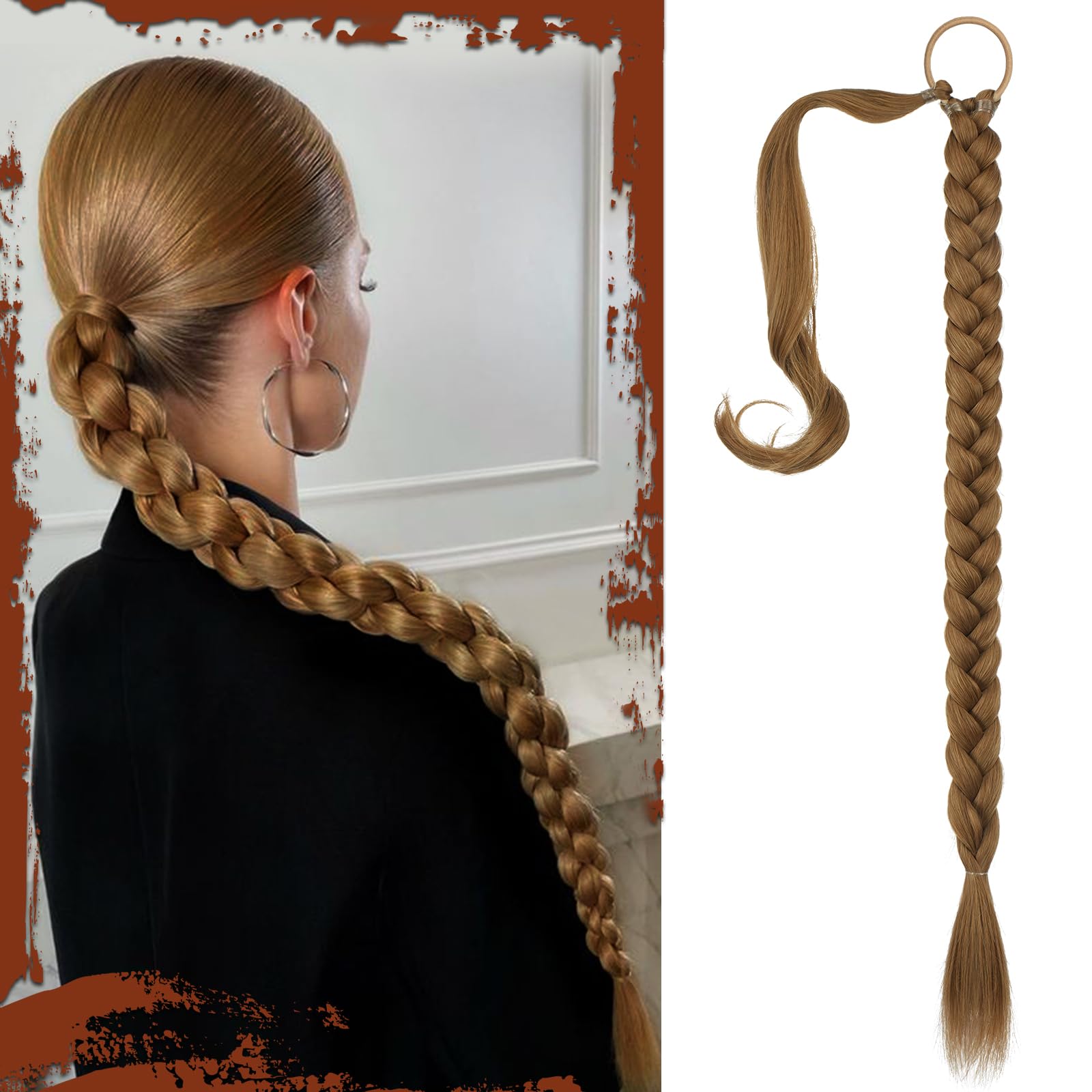 Sofeiyan Long Braid Ponytail Extension with Hair Tie Straight Sleek Wrap Around Hair Extensions Braid Pony Tail Fluffy Natural Soft Synthetic Hairpieces for Women Daily Wear, 30 inch-Dark Blonde