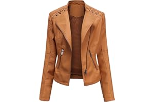 Womens Studded Rivet Cropped Biker Jacket Zip Long Sleeve Motorcyle Leather Jacket Slim Fit Fall Moto Short Coat