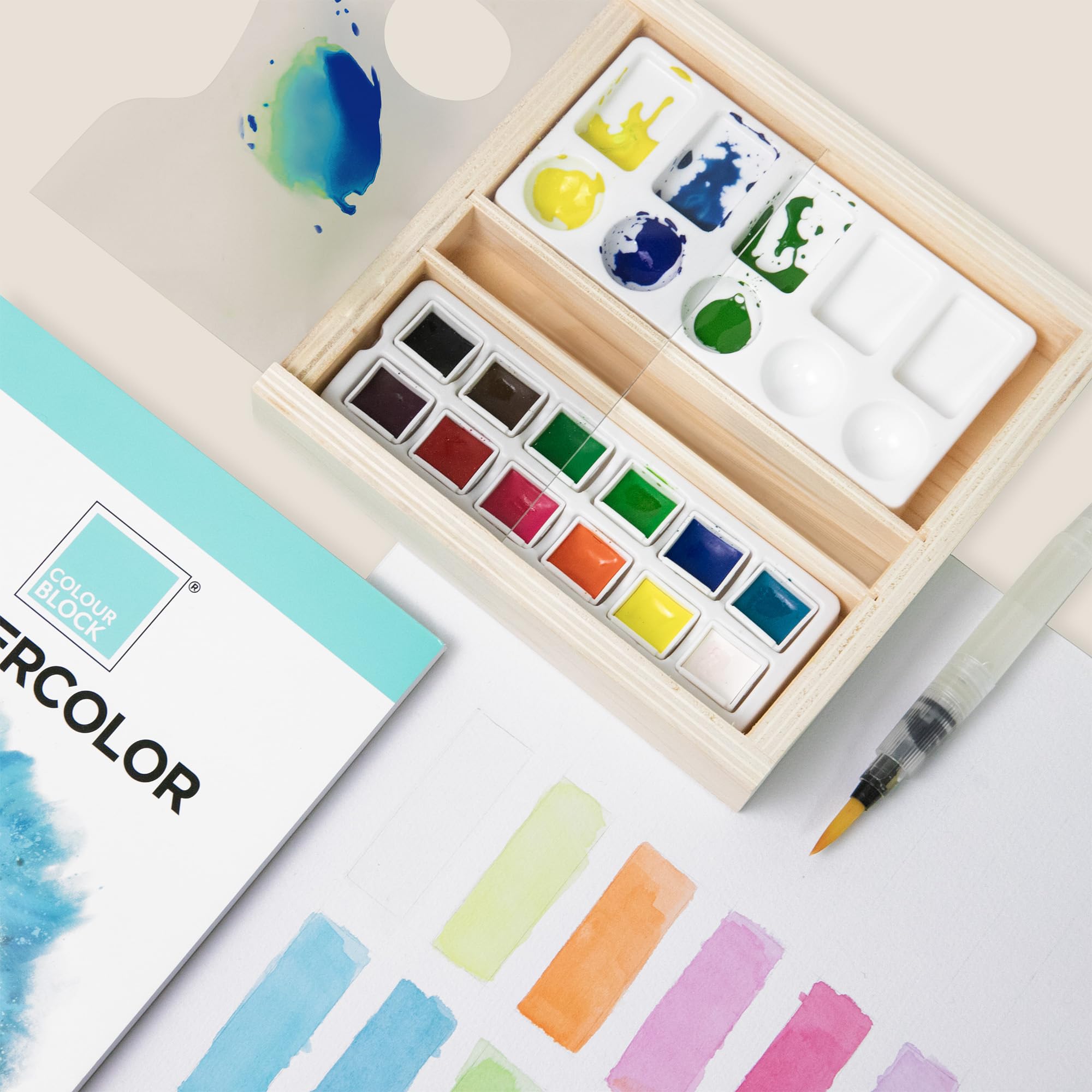 COLOUR BLOCK 32 Ultimate Watercolor Paint Set for Adults and Artists, Contains 24 Vibrant Colors, 2 Brushes, 6 Sheets Watercolor Paper, Perfect for School Supplies