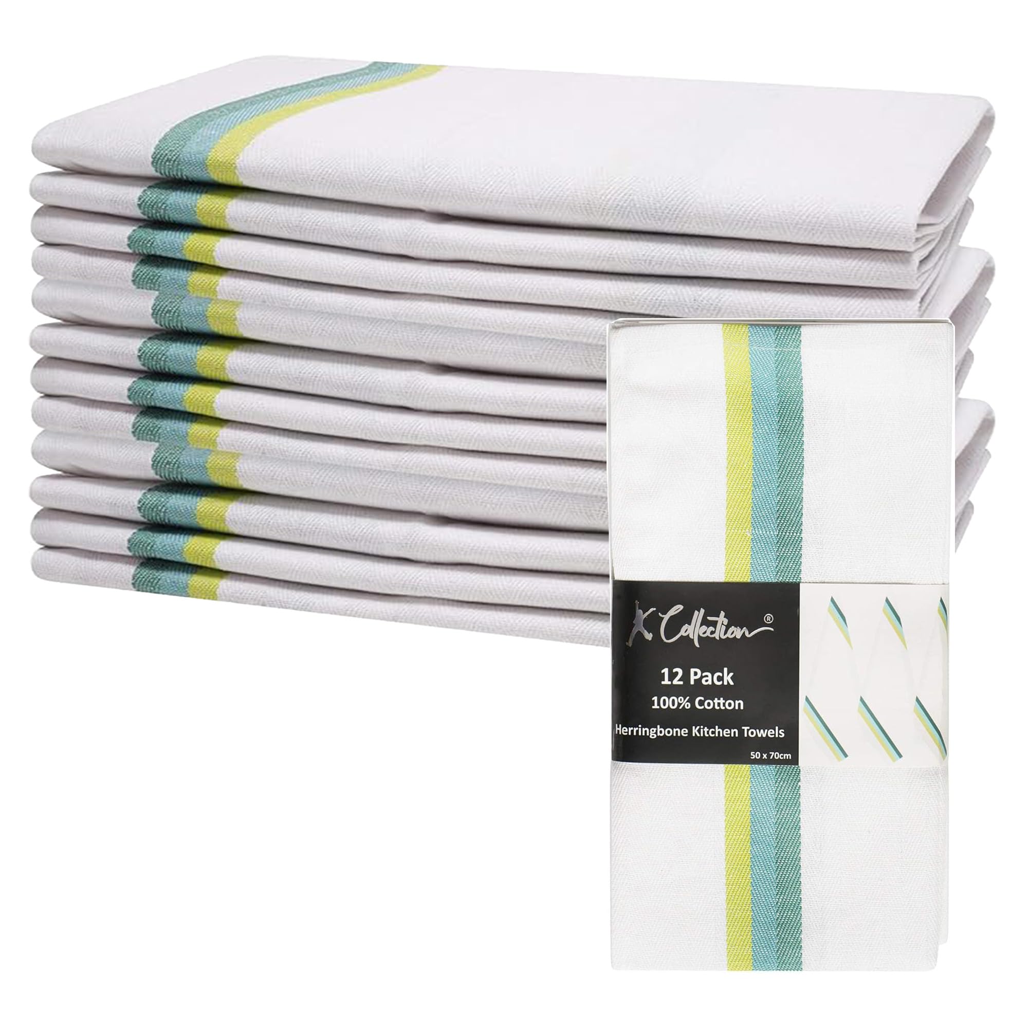K Collection 12 Pack Kitchen Towels - 100% Pure Cotton Classic Herringbone Weave - Large Size (50 x 70cm) - Absorbent, Lint Free, Restaurant Bar Glass Kitchen Cloths Dish Tea Towel - (Green Pack)