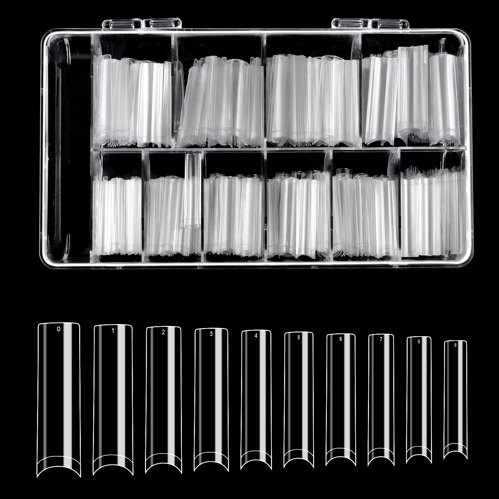 SAVITA 500pcs No C Curve Nail Tips, Extra Long Clear Artificial Nails Tapered Square Nails XXL Flat Nail Tips for Manicure Salons and DIY Nail Art at Home(10 Sizes)