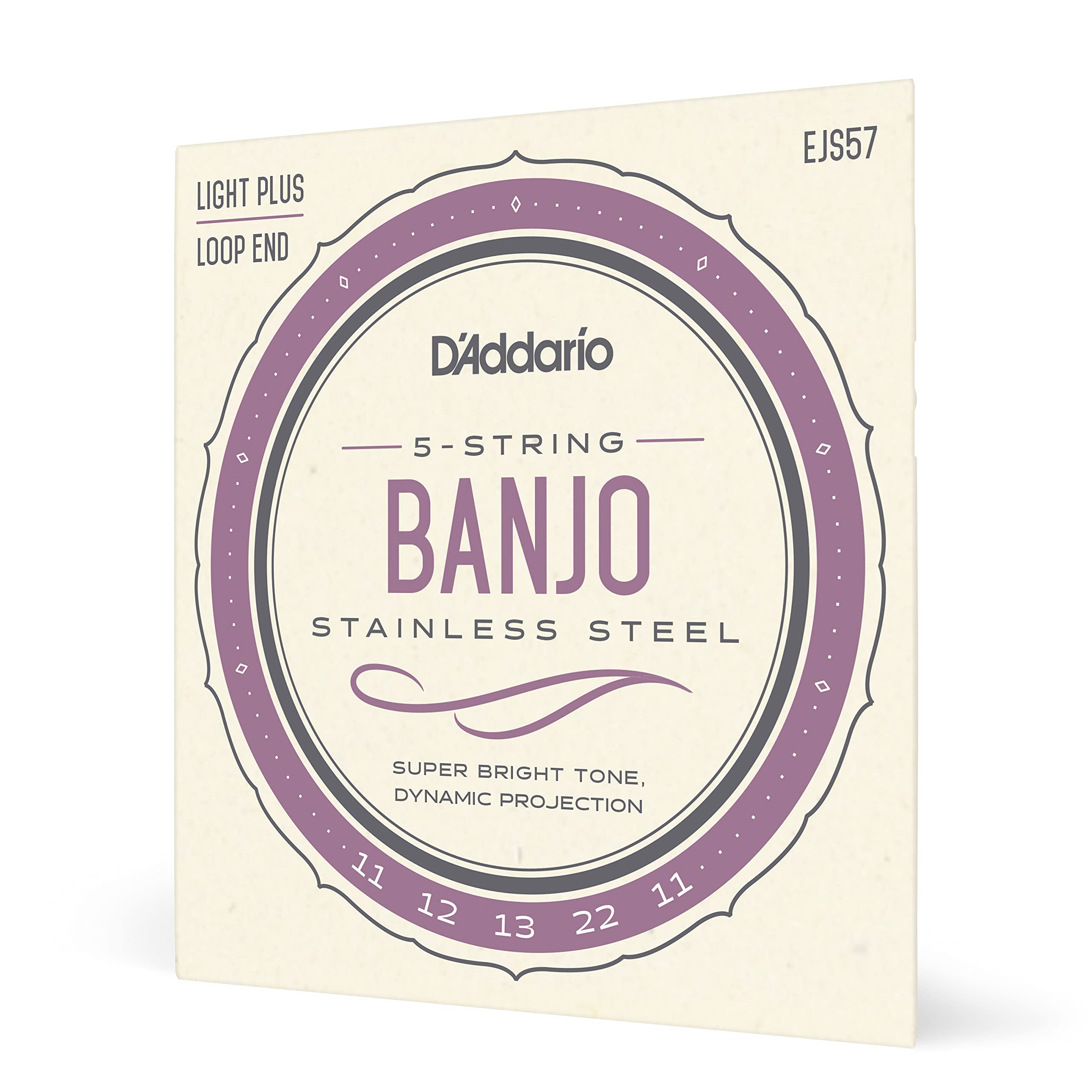 D'Addario Banjo Strings, Stainless Steel, EJS57, Custom Medium Gauge 11-22, 5-String Set, Pack of 1