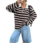 SOLY HUX Women's Striped Oversized T Shirts Collared Long Sleeve Vintage Tees Streetwear
