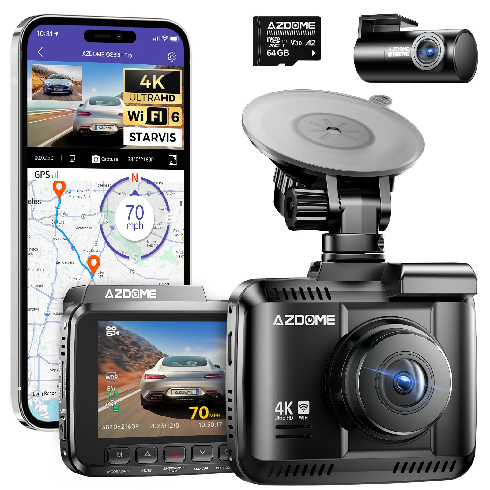 AZDOME Dashcam Auto Vorne Hinten 4K/2,5K GPS WiFi Dash Cam Auto mit 64GB SD Karte, Dual Auto Kamera, Parküberwachung, Super Nachtsicht, WDR, 170° Weitwinkel, G-Sensor, Loop-Aufnahme, GS63H Pro