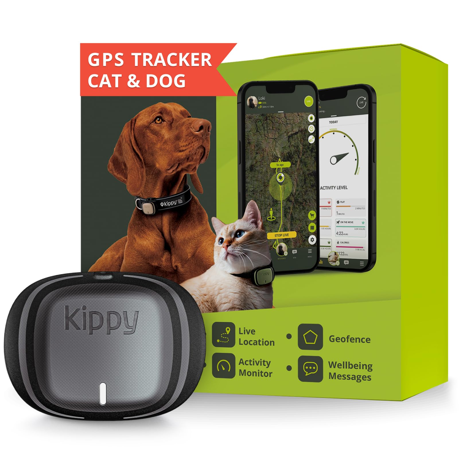 Kippy - GPS Pet Tracker Collar Evo - Health and Activity Tracker – Satellite Dog and Cat Tracker for Collar - Waterproof Dog GPS - Locator with Instant Alerts and LED - Grey