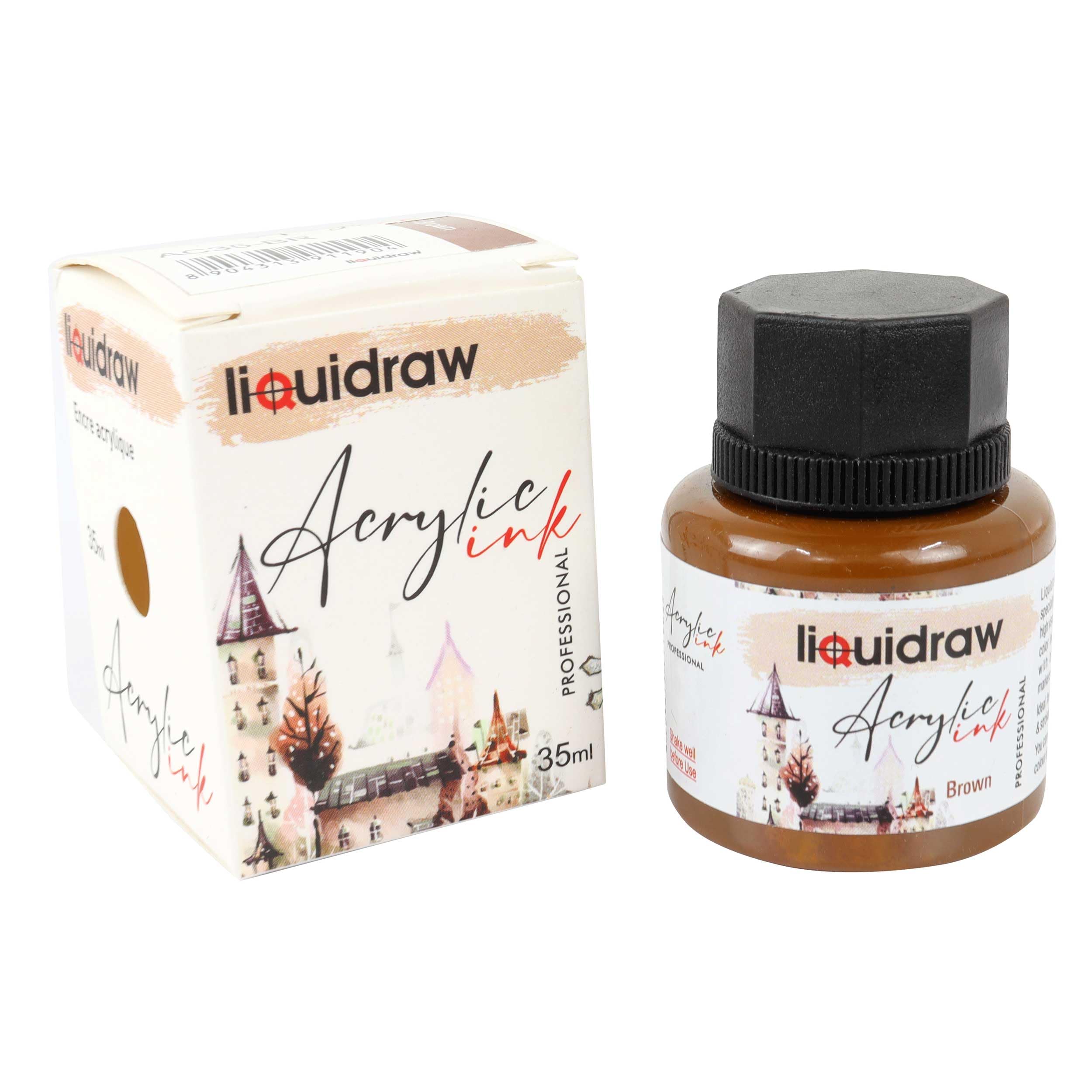 Liquidraw Acrylic Inks for Artists 20 Colours Black White Available Waterproof Ink 35ml Professional for Painting, Drawing, Paints, Art, Brushes, Paper, Board, Canvas, Fabric & Wood (Brown)