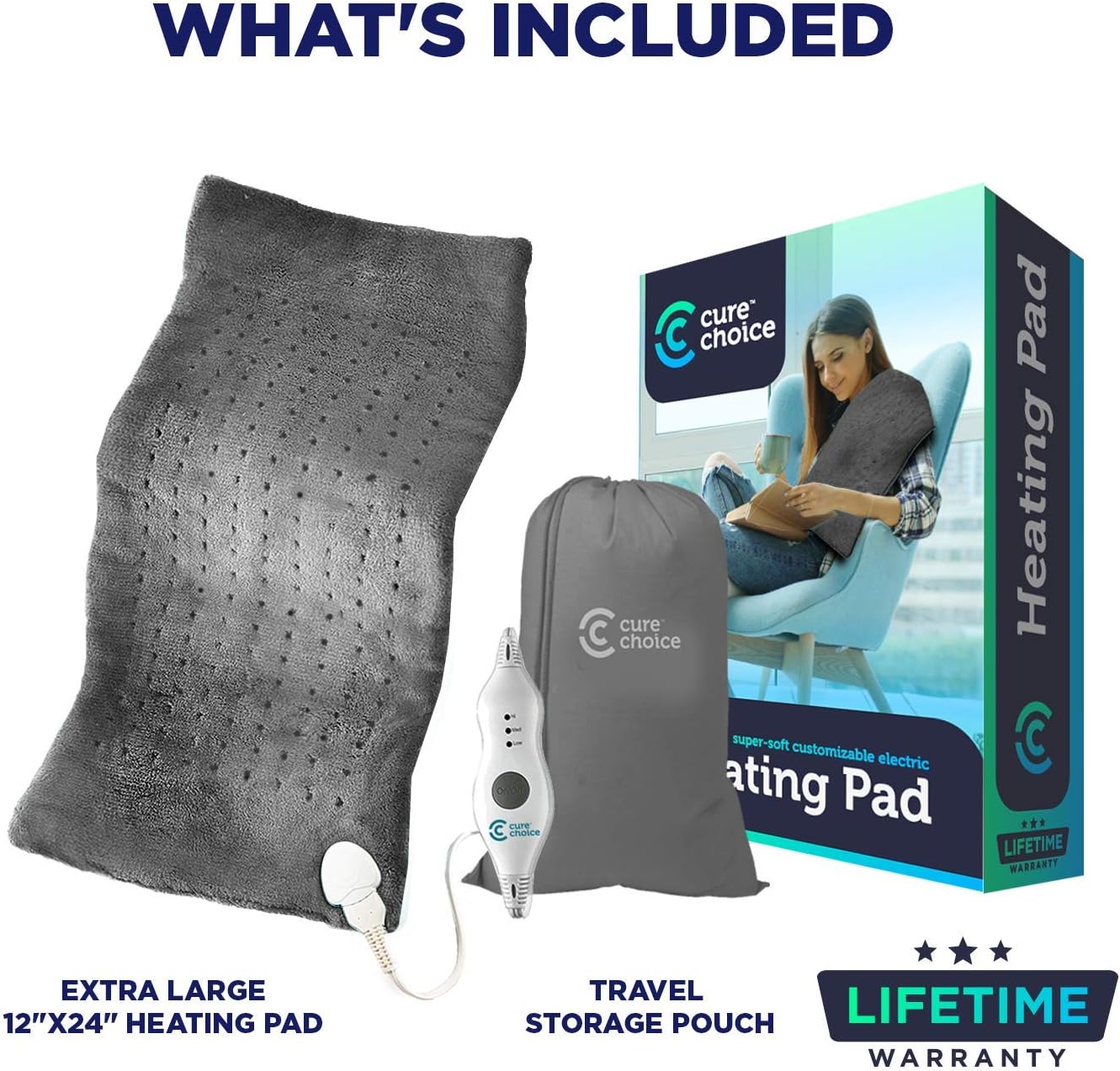Cure Choice Large Electric Heating Pad for Back Pain Relief + Storage Pouch, Ultra Soft 12"x24" Heating pad for Muscle Cramps - Heated Pad with Adjustable Temperature Settings (Gray): Health & Personal Care