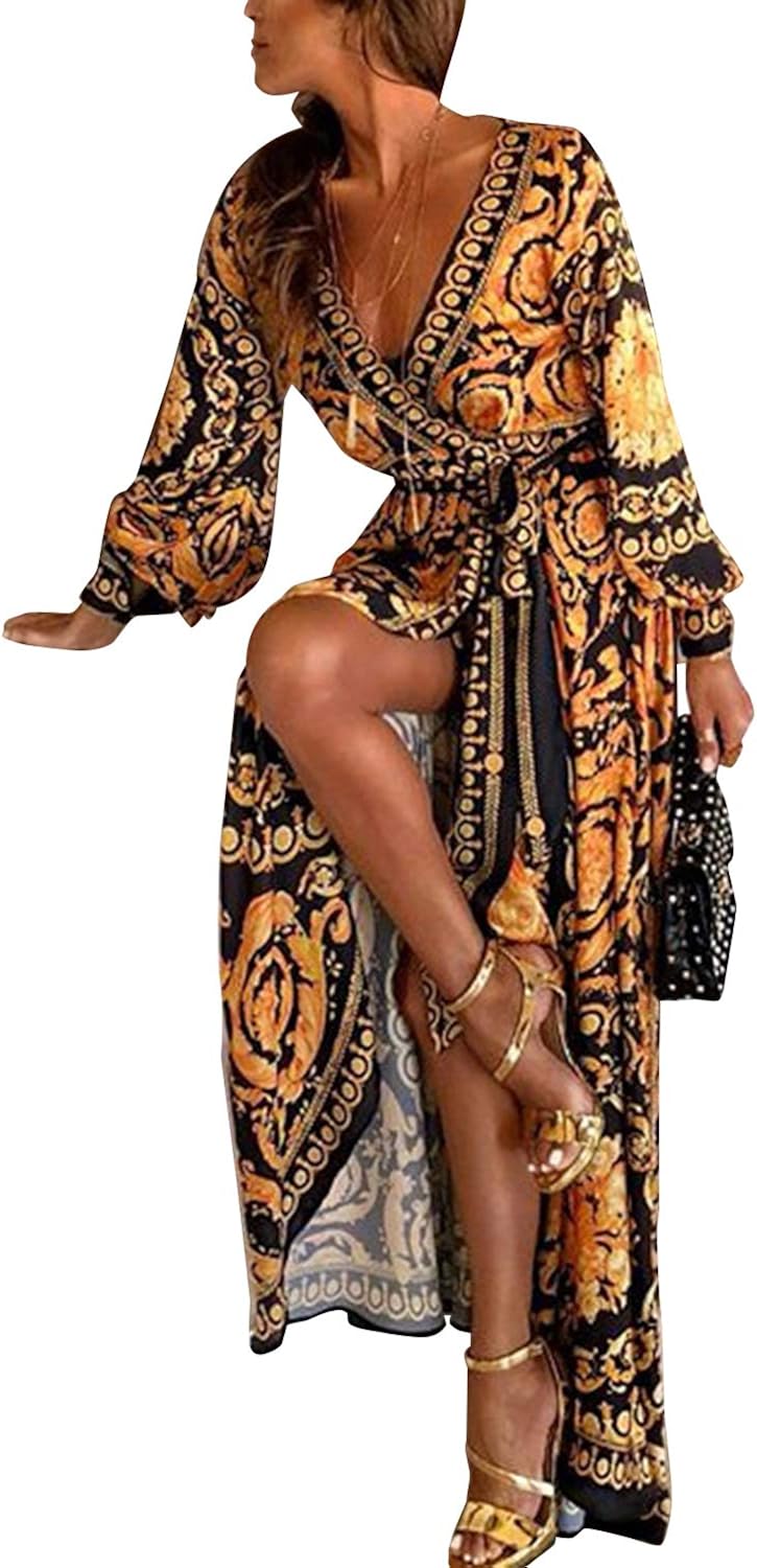 Women Cocktail V Neck Dress Wrap Floral Long Sleeve Yellow Maxi Dresses at Amazon Womenâs 