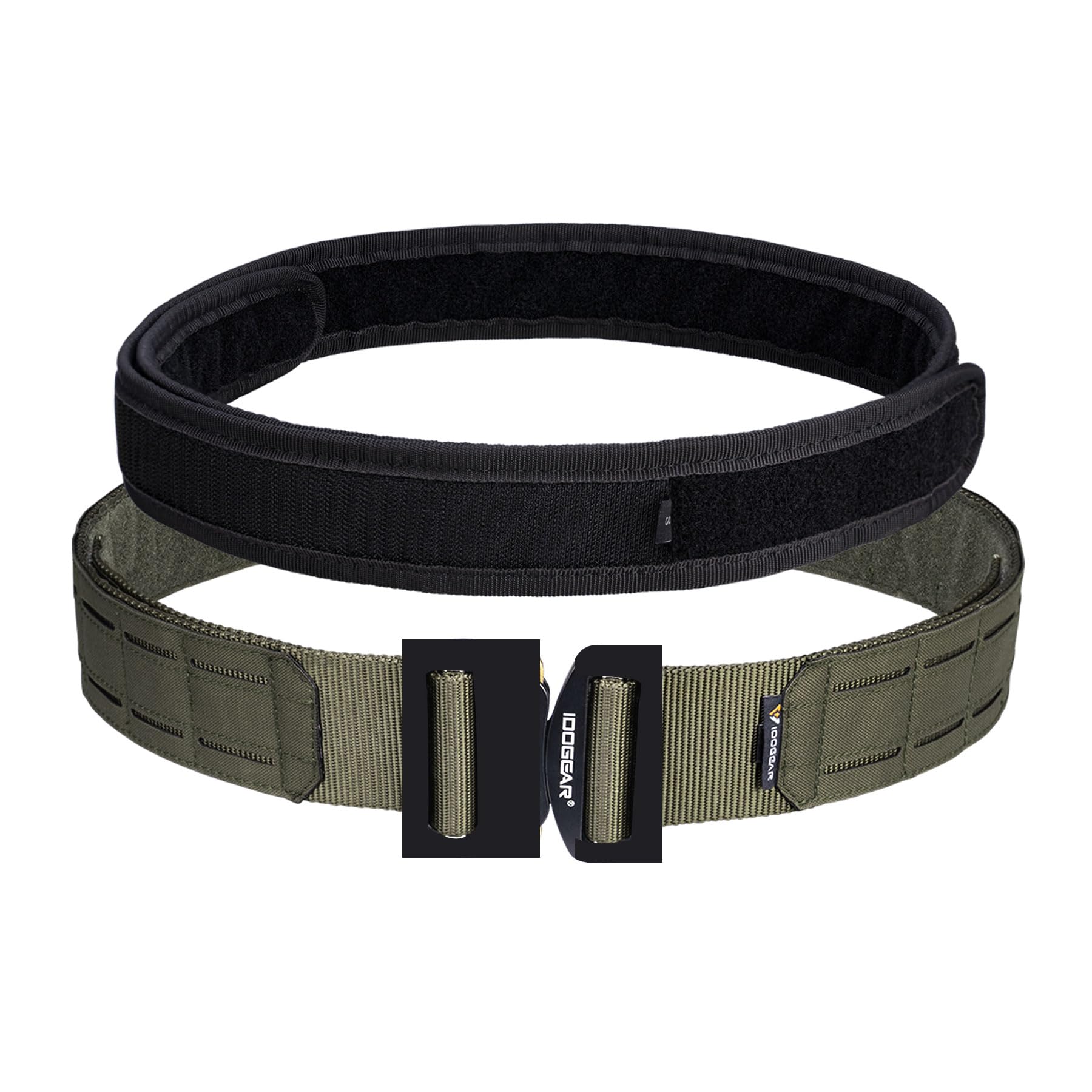 IDOGEAR 2" Tactical MOLLE Belt with 1.75" Inner Belt Set Quick Release Metal Buckle Belt Heavy Duty Hook-and-Loop Laser-Cut Belts (Medium(34''-38''), Ranger Green)