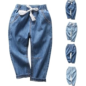 Toddler Girls Boys Denim Joggers Jeans Kids Drawstring Elastic Waist Pull on Chambray Pants Cotton Denim Pants Trousers