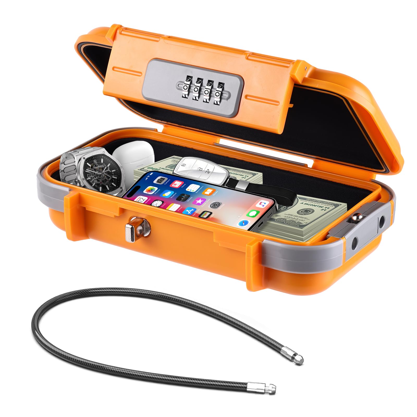 Hurinan Portable Safe Box with Code, [Waterproof & Anti-Theft]Travel Safe, Combination Security Case Lock Box with Removable Wire Rope, for Beach, Cars, Office, Vacation (Orange)