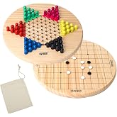 GSE 11.5" Natural Wood 2-in-1 Chinese Checkers &amp; Gobang Board Game Set | Includes Gobang Pieces, 66 Wooden Colorful Pegs, a Storage Bag, Classic Strategy Family Board Game For Kids &amp; Adults