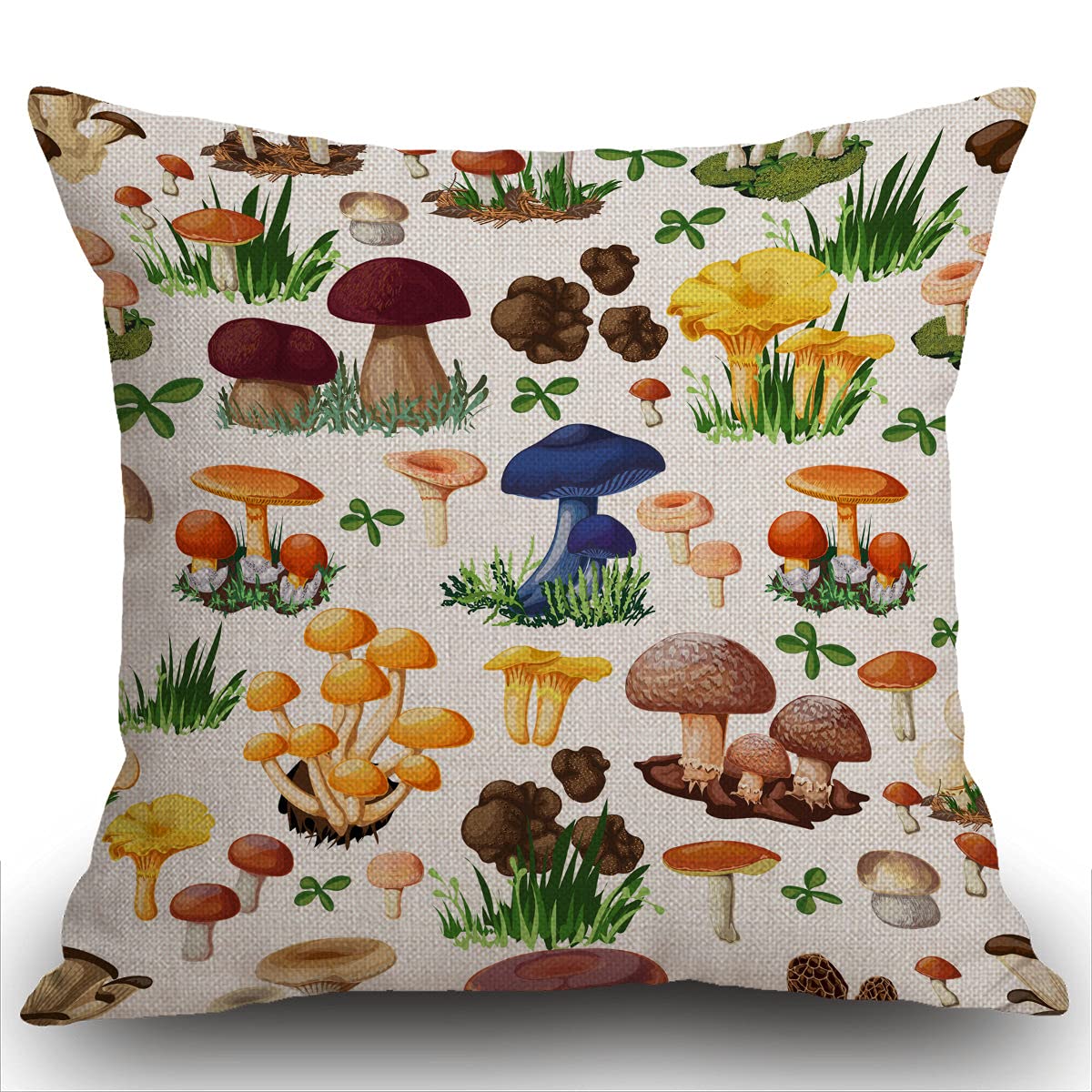 Smooffly Mushroom Cotten Linen Cushion Cover Wild Species Decorative Square Throw Pillow Case Pillowcase for Couch Livingroom Sofa Bed 45cm x 45cm,18x18 Inches