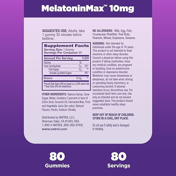 NATROL MELATONINMAX, SLEEP GUMMIES FOR ADULTS, BLUEBERRY FLAVOR, 10 MG, 80 COUNT, UP TO AN 80 DAY SUPPLY (PACK OF 12)