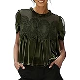 Gozoloma Women's Velvet Lace Blouse Casual Round Neck Short Sleeve Flared Swing Top Elegant Loose Intricate Back Design