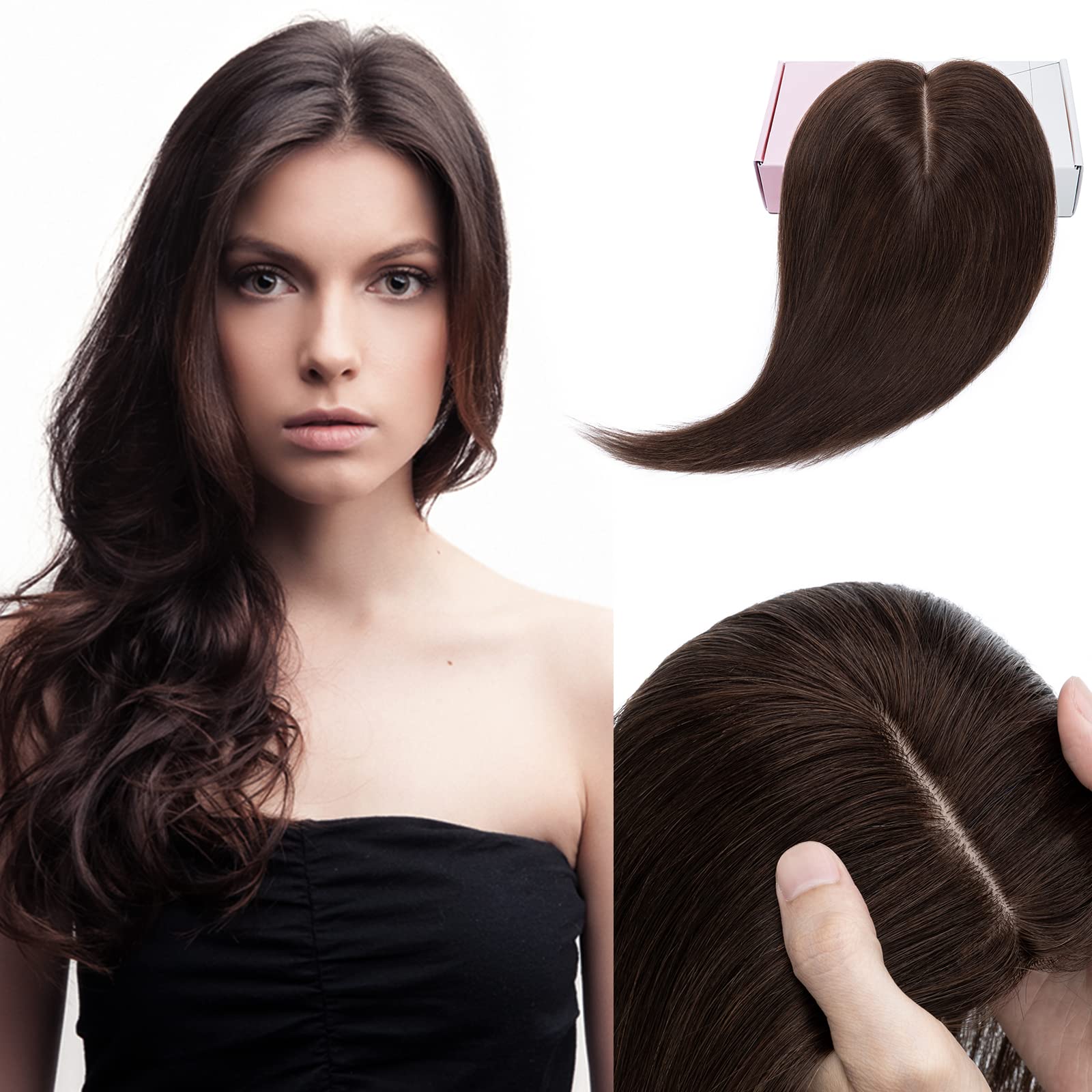 Photo 1 of Elailite Hair Toppers for Women Real Human Hair Topper Thinning Thin 5.1"x2.8" Silk Base Clip in Remy Hairpieces 12 Inch Dark Brown