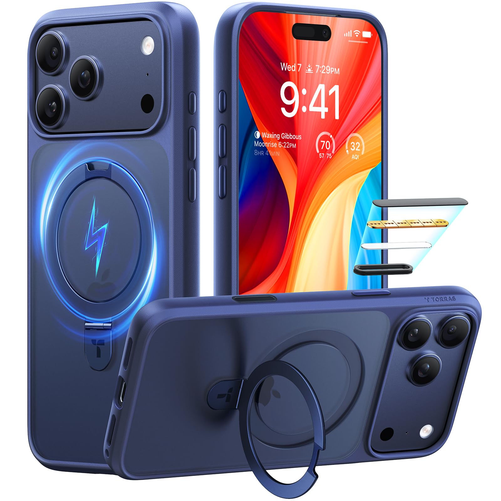 Photo 1 of TORRAS Ostand Magnetic for iPhone 17 Pro Case, Fit for MagSafe, 3X Military Drop Protection, Camera Control, Slim Phone Case for iPhone 17 Pro with Kickstand, Translucent Matte Cover 6.3", Deep Blue