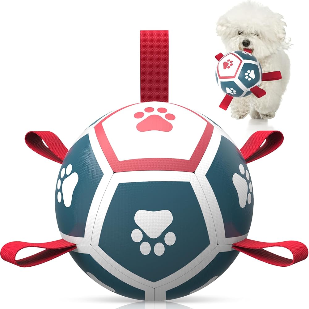 HETOO Soccer Ball Dog Toy with Straps 5 Inch PU Ball for Small Dogs Red Blue