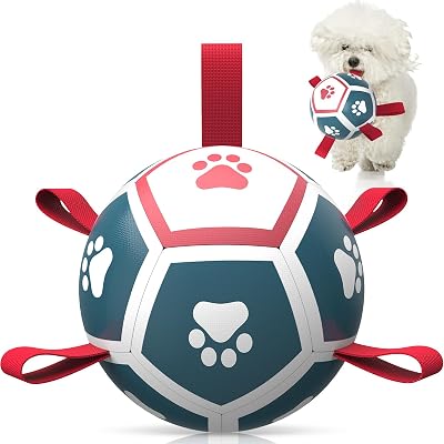 HETOO Soccer Ball Dog Toy with Straps 5 Inch PU Ball for Small Dogs Red Blue