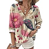 domirica Button Down Shirt Women V Neck Graphic T Shirt Elegant Soft and Comfy Long Sleeve Top Casual Wear Plus Size