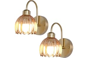 HMLUESR Vintage Battery Operated Wall Sconces Set of Two, Tulip Glass Lampshade Rechargeable Wall Lights, LED 15 Colors Gold 
