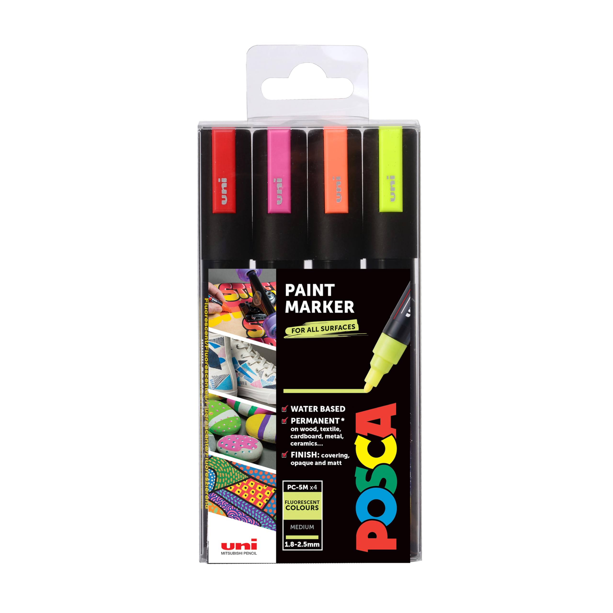 Posca Pens PC-5M Medium Acrylic Coloured Permanent Paint Markers for Adults. Perfect for Colouring, Fabric, Graffiti, Watercolour, Outline Drawing, Window and Glass Art. 4 Pack