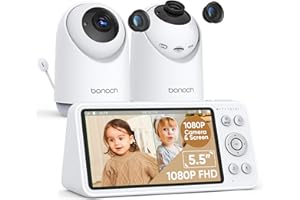 bonoch 5.5” 1080p Baby Monitor with 2 Cameras, Split-Screen Baby Monitor No WiFi, Baby Monitor with Camera and Audio, 7800mAh, 1800ft Range, Recording&Playback, Motion&Sound Detect, 110° Wide-Angle