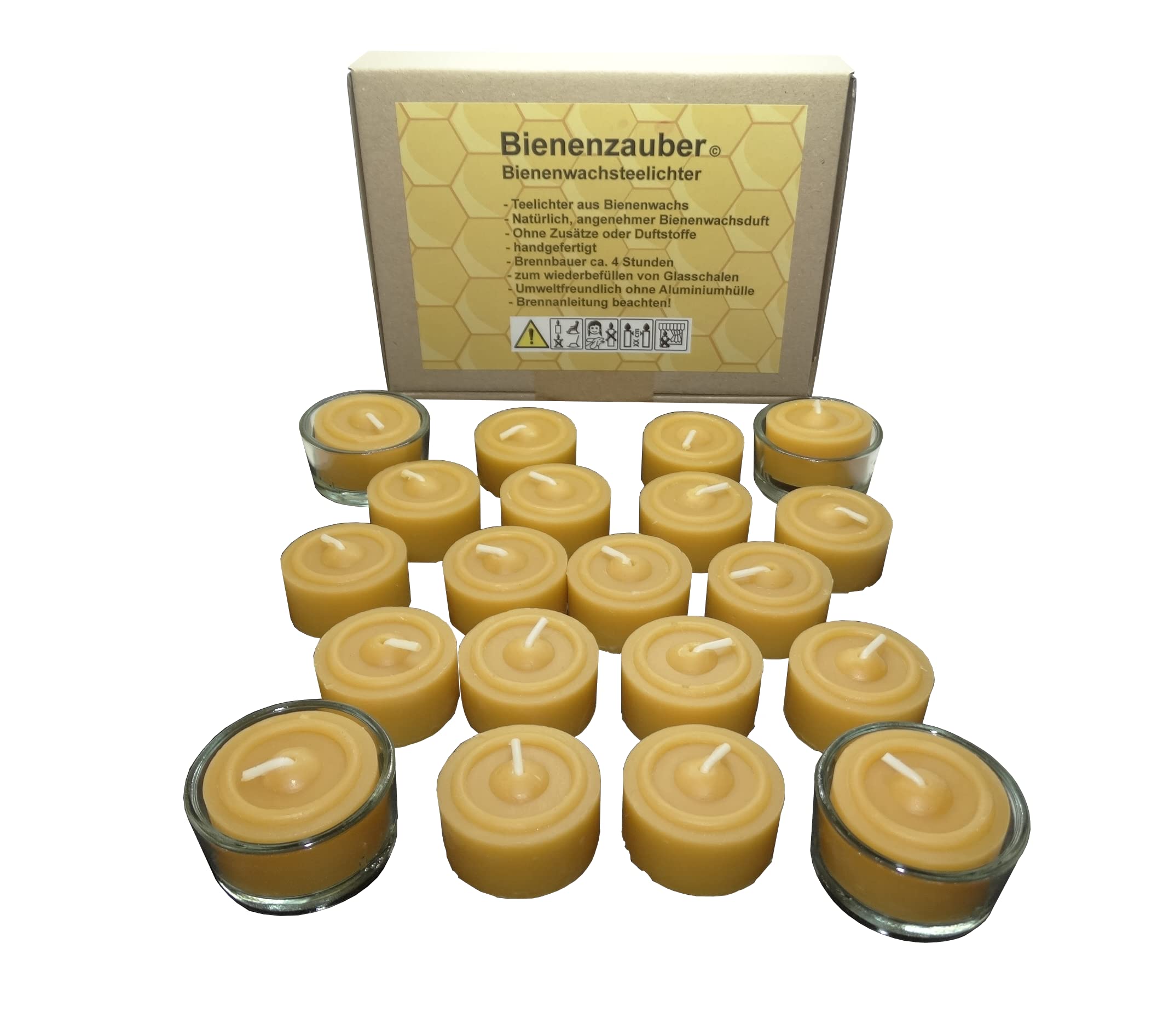 Beeswax tea lights Pack of 20 pic. and 4 glass bowls made by hand directly by the beekeeper