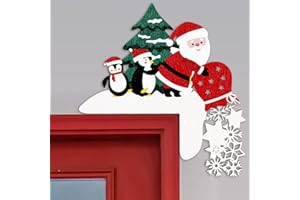 Bucherry 2025 Christmas Door Topper Funny Santa Penguin Front Top Door Corner Frame Sign Decor Home Wooden Christmas Cabinet Knob Covers Party Ornament Props Gift for Wall Window DIY