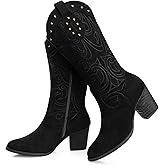 SHIBEVER Cowboy Cowgirl Boots for Women: Wide Calf Western Pointed Toe Chunky Heel Suede Embroidered Mid Calf Boot