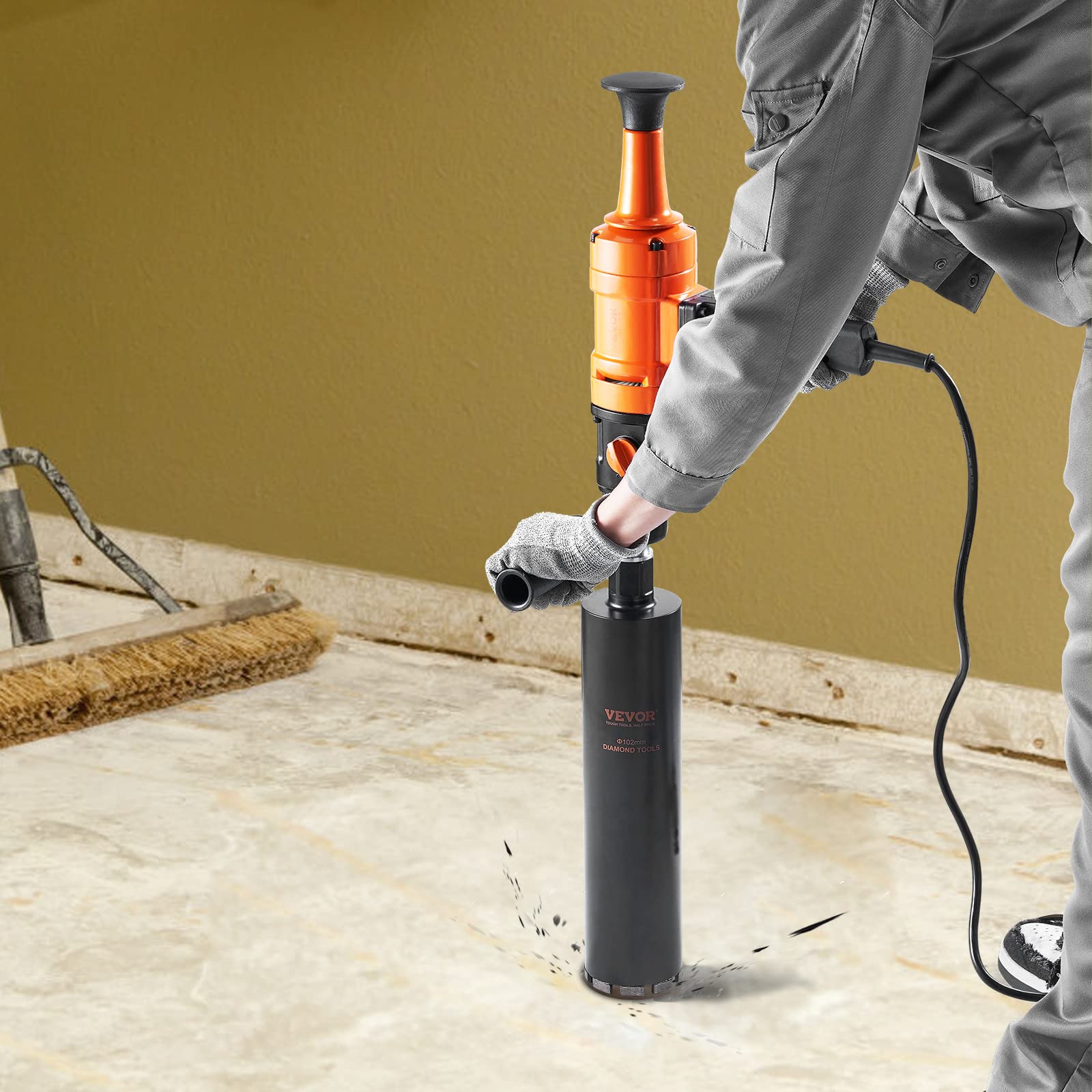 VEVOR Diamond Core Drilling Machine, 4in Handheld Wet Concrete Core Drill Rig, 1100-2400RPM Two Speed & 1-1/4