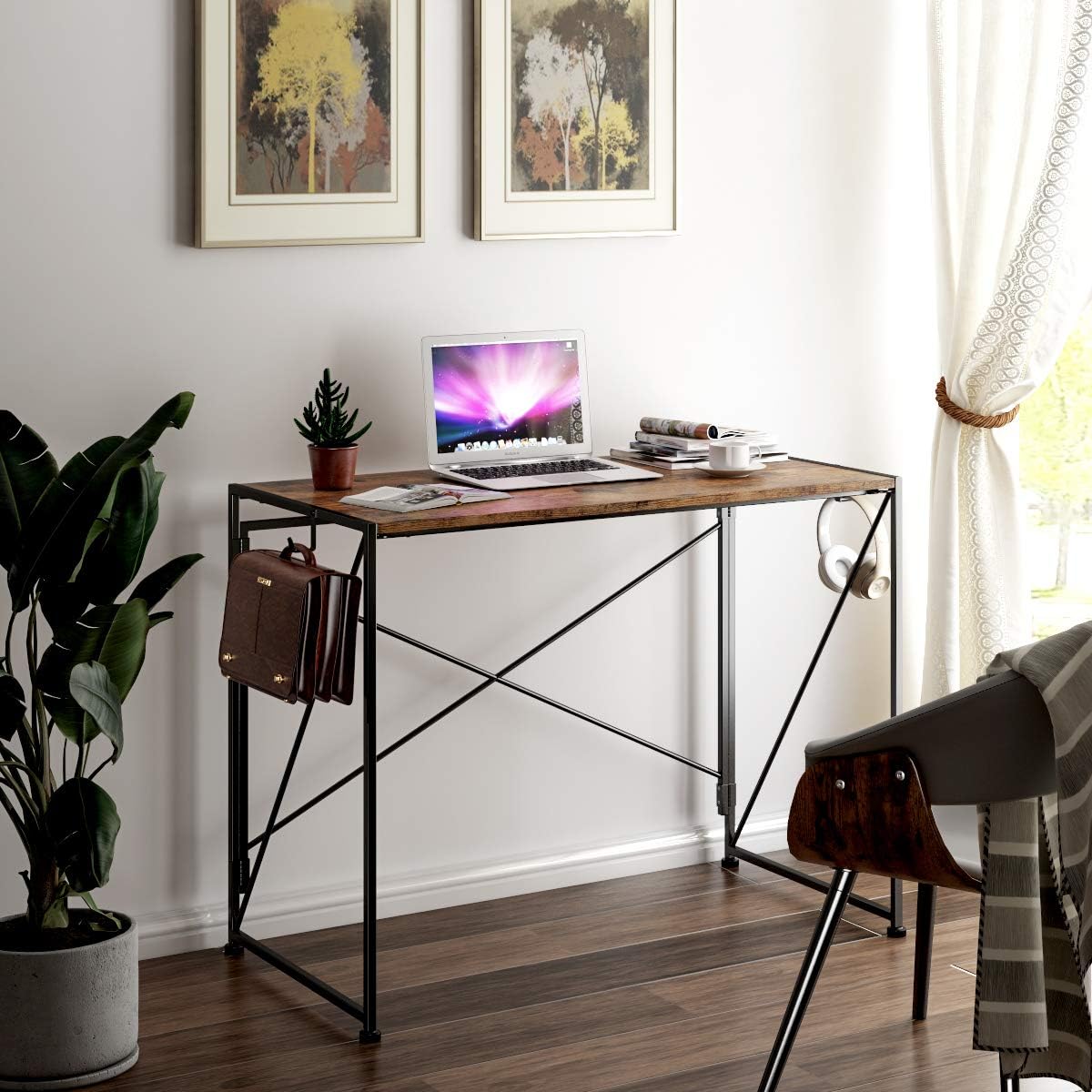 Engriy Folding Computer Desk, 39" Writing Study Desk for Home Office, Simple Industrial Style Wood Table Metal Frame for PC Laptop Notebook: Kitchen & Dining