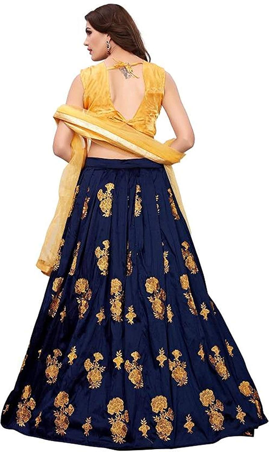 vekisa women's velvet embroidered semi-stiched lehenga choli (free size_navy blue)