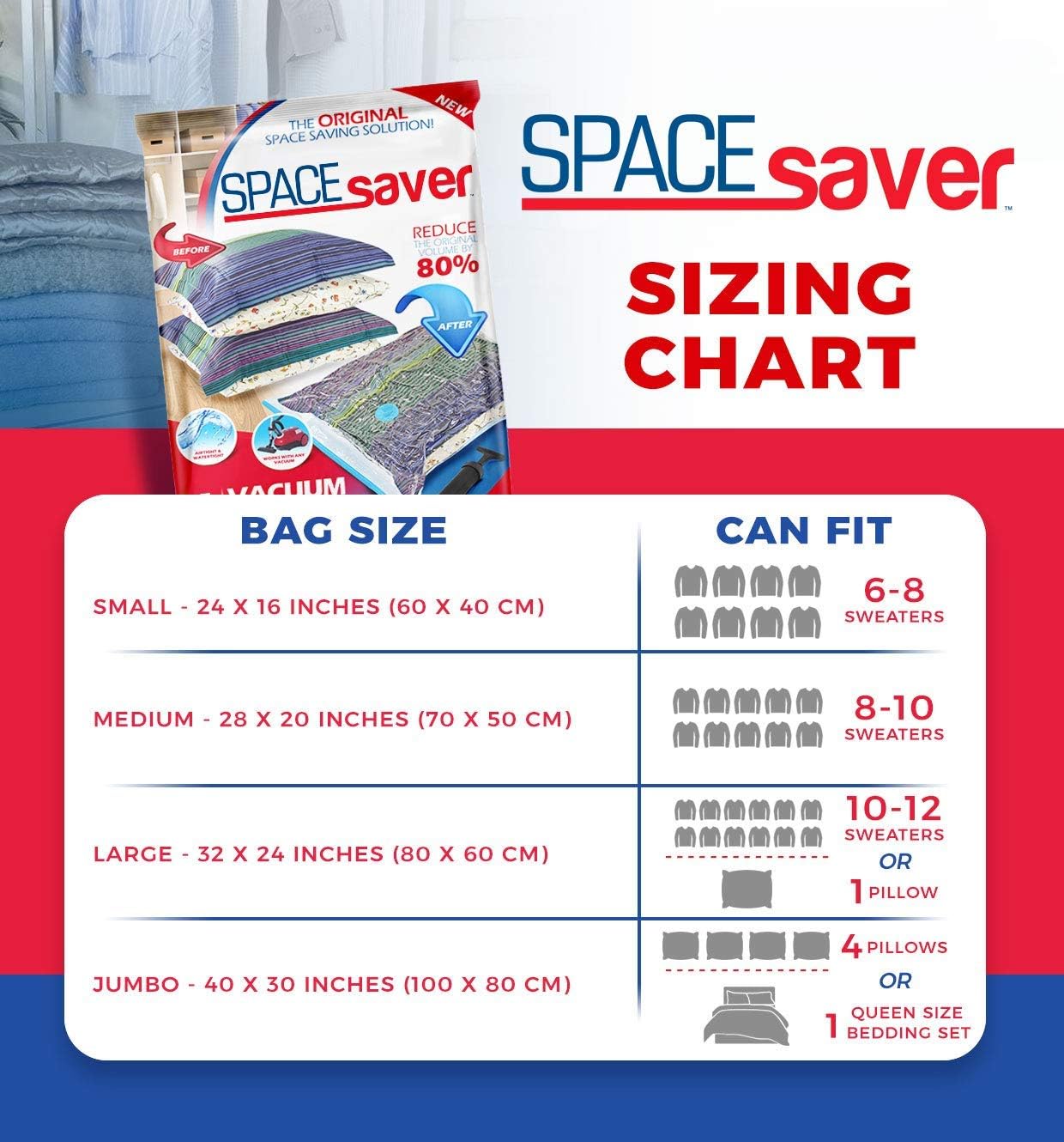 Spacesaver Premium Vacuum Storage Bags. 80 More Storage! HandPump for