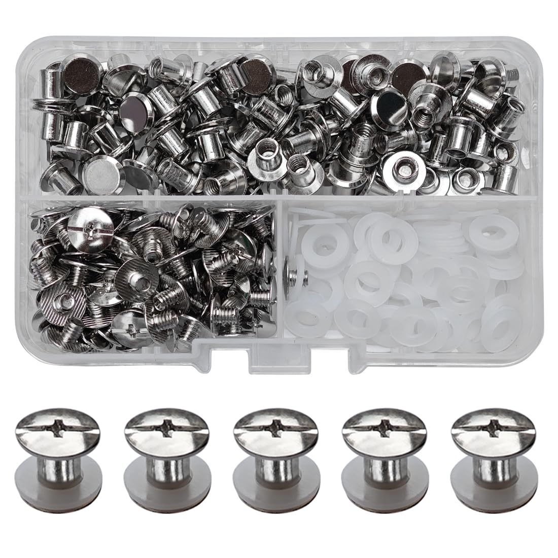 SHSMPXOY 90 Set Chicago Screws Posts for Leather Rivets M5*6mm Chicago Book Binding Screws Rivets Cross Head Chicago Button Screws for DIY Book Scrapbook Bookbinding, Bags,Collars(Silver)
