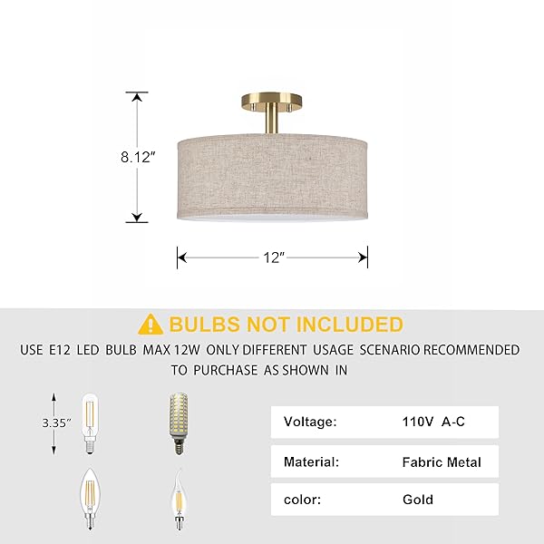 12 INCH DRUM GOLD SEMI FLUSH MOUNT CLOSE TO 3 LIGHT CEILING LIGHT FIXTURE,LINEN FABRIC SHADE FOR BEDROOM,LIVING ROOM,DINING ROOM HALLWAY
