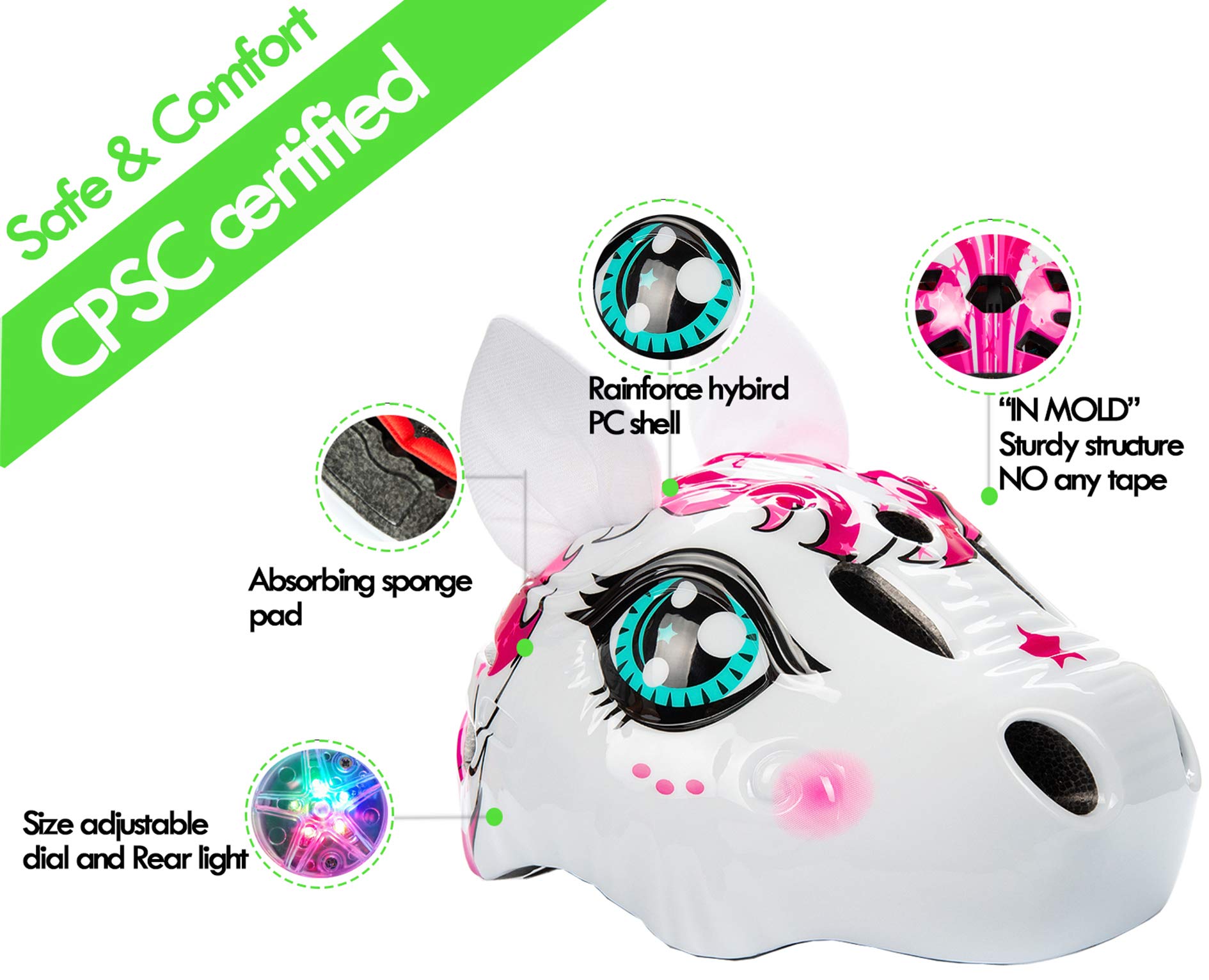 Unicorn Helmet for Toddler and Kid 3D Unicorn CPSC Safety Certified Approximately 2-6 Years Easily Adjuastable,Skateboard Skating Scooter Helmet with Rear Light Toddler Gift Christmas