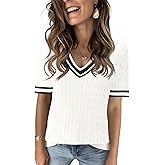 Kistore Womens Summer Short Sleeve Sweaters Tops V Neck Cable Knit Lightweight Sweater Shirts Blouses 2025