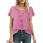 Messic Womens Shirts Dressy Casual Short Sleeve Tops Dressy Casual Blouses Summer Outfits Flowy Pleated Front V Neck